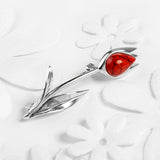 Single Tulip Brooch in Silver and Coral