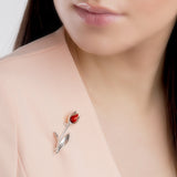 Single Tulip Brooch in Silver and Coral