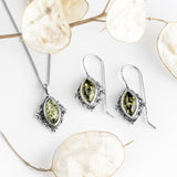 Vintage Style Earrings in Silver and Green Amber