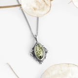 Vintage Style Necklace in Silver and Green Amber