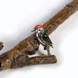 Small Green Woodpecker Bird Brooch in Silver, Coral and Amber