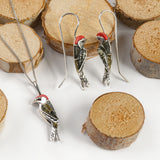 Green Woodpecker Bird Hook Earrings in Silver, Amber and Coral
