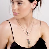 Small Woodpecker Bird Necklace in Silver, Coral and Amber