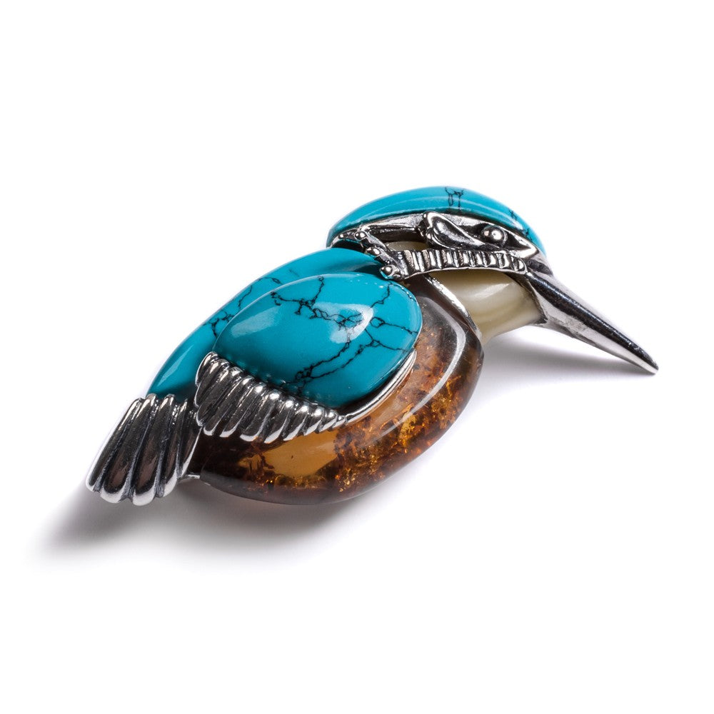 Kingfisher Bird Brooch Silver Amber