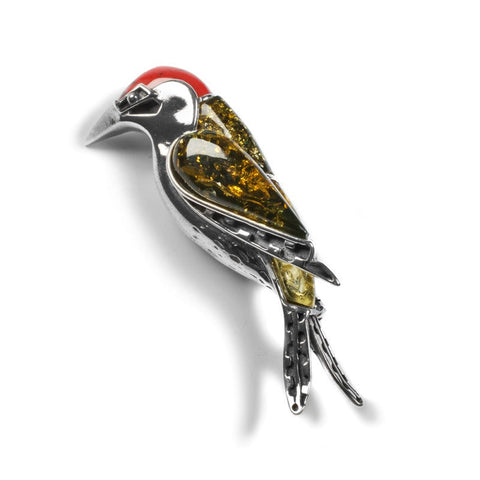 Large Green Woodpecker Bird Brooch in Silver, Coral and Amber
