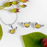 Cute Bird Necklace in Silver and Green Amber