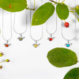 Cute Bird Necklace in Silver and Coral