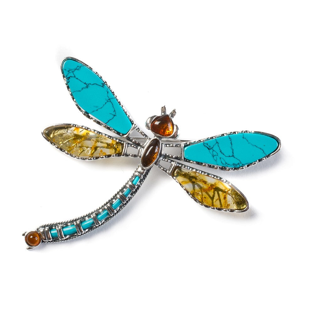 Exotic Dragonfly Brooch Silver Turquoise Amber