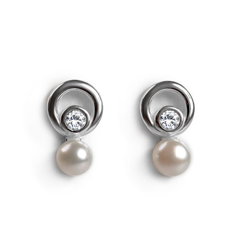 Sparkling Circle Drop Stud Earrings in Silver and Pearl