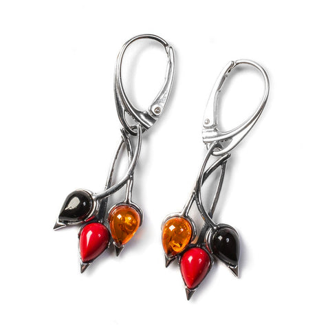 Beech Leaf Earrings in Silver, Coral and Amber