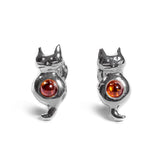 Sitting Cat Stud Earrings in Silver and Amber