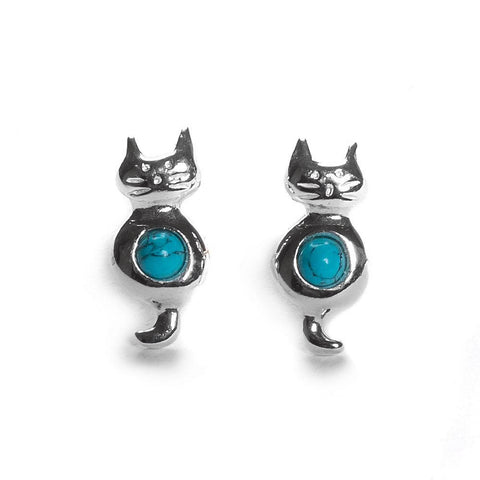 Sitting Cat Stud Earrings in Silver and Turquoise