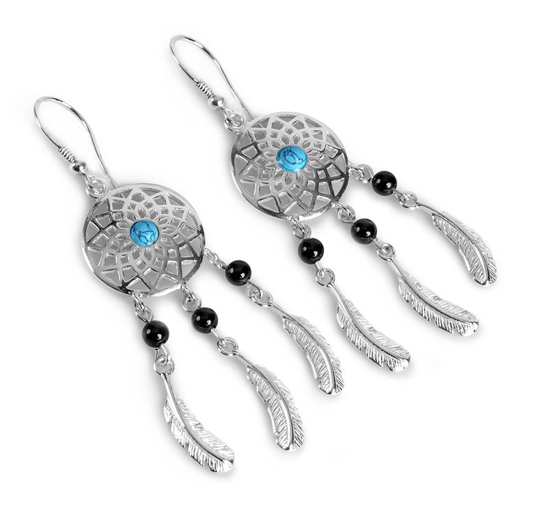 Dreamcatcher Drop Earrings Silver Onyx