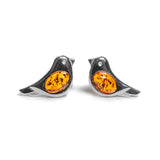 Bird Stud Earrings in Silver and Amber