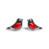 Tiny Bird Stud Earrings in Silver and Coral