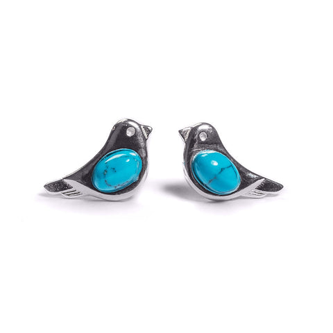 Bird Stud Earrings in Silver and Turquoise