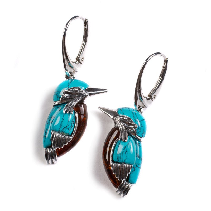 Kingfisher Bird Drop Earrings Silver Amber
