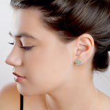 Handpainted Forget Me Not Stud Earrings in Silver and Amber