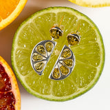 Lime Slice Fruit Drop Earrings in Silver and Green Amber