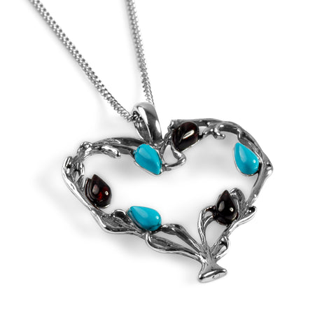 Tree of Love Heart Necklace in Silver, Turquoise and Cherry Amber