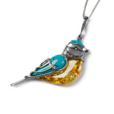 Blue Tit Bird Necklace in Silver, Turquoise and Amber