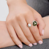 Open Double Pebble Ring in Silver and Green Amber