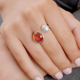 Open Double Pebble Ring in Silver and Green Amber