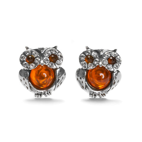 Sparkling Eyed Owl Stud Earrings in Silver and Amber